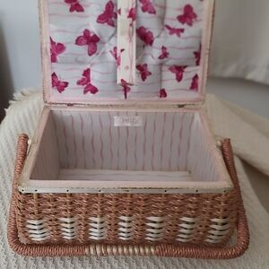 Vintage Dritz Sewing Basket - Super Cute Pink Wicker and Butterflies - LOVELY